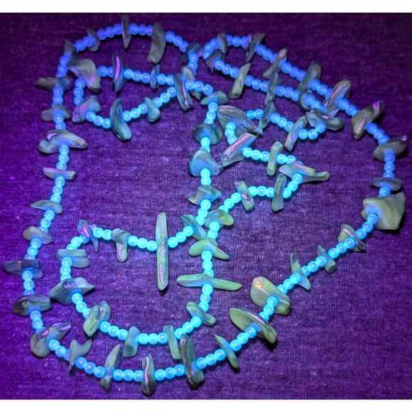 Long Faux Pearl Necklace, Dyed Blue, 34" Continuous Loop, No Clasp, UV Reactive - Picture 3 of 4